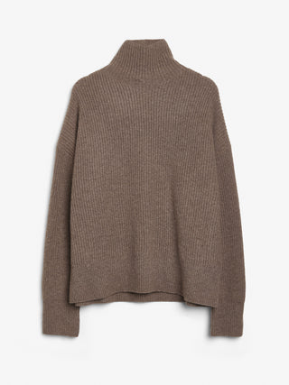 Truffle ribbed turtleneck jumper with a relaxed, slightly oversized fit, crafted from 100% Grade A Inner Mongolian cashmere