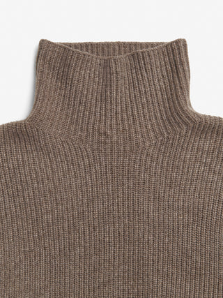 Truffle ribbed turtleneck jumper with a relaxed, slightly oversized fit, crafted from 100% Grade A Inner Mongolian cashmere
