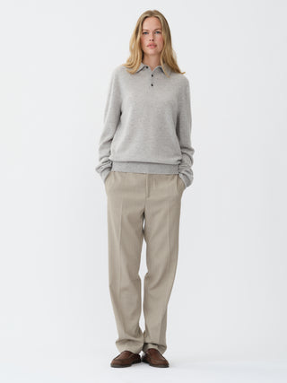Ash grey unisex polo sweater knitted in 10-gauge 100% Grade A Inner Mongolian cashmere with a relaxed boxy fit, designed for softness and durability