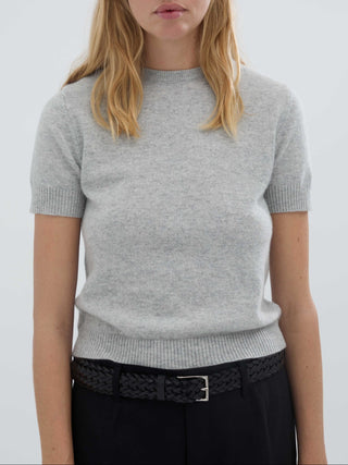 Ash grey women's blouse knitted in 12-gauge 100% Grade A Inner Mongolian cashmere, featuring a cropped, boxy silhouette and short sleeves