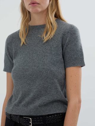 Heather grey women's blouse knitted in 12-gauge 100% Grade A Inner Mongolian cashmere, featuring a cropped, boxy silhouette and short sleeves