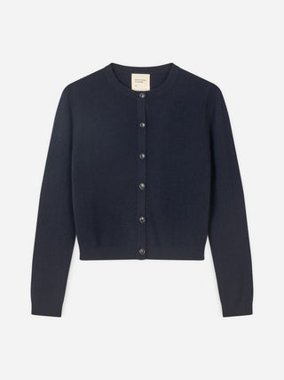 Navy blue women's o-cardigan in 12-gauge 100% Grade A Inner Mongolian cashmere, with a fitted silhouette and neat round neckline