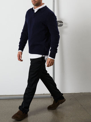 Navy blue unisex polo sweater knitted in 10-gauge 100% Grade A Inner Mongolian cashmere with a relaxed boxy fit, designed for softness and durability