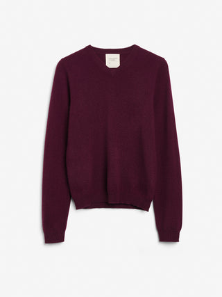 Bordeaux fitted V-neck cashmere sweater with a 90s-inspired silhouette, clean neckline, and flattering slim fit in 100% Grade A cashmere