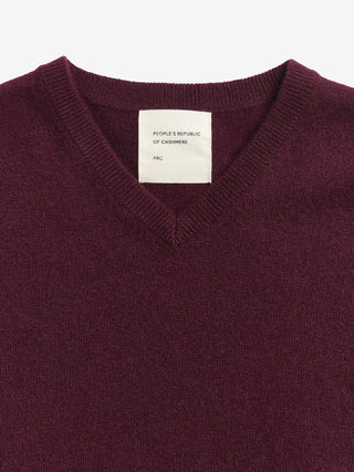 Bordeaux fitted V-neck cashmere sweater with a 90s-inspired silhouette, clean neckline, and flattering slim fit in 100% Grade A cashmere