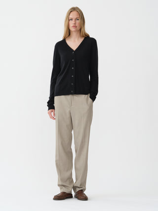 Air V-Cardigan in Black,  crafted from brushed 12-gauge cashmere with a V-neckline and contoured silhouette