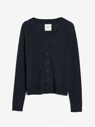 Air V-Cardigan in Black,  crafted from brushed 12-gauge cashmere with a V-neckline and contoured silhouette