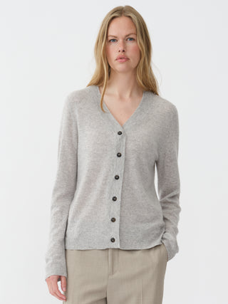 Air V-Cardigan in Grey,  crafted from brushed 12-gauge cashmere with a V-neckline and contoured silhouette