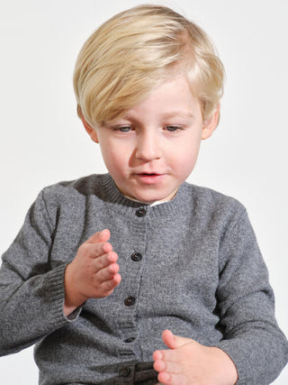 Baby Cardigan in Heather Grey with long sleeves and classic collar