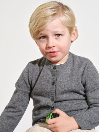 Baby Cardigan in Heather Grey with long sleeves and classic collar