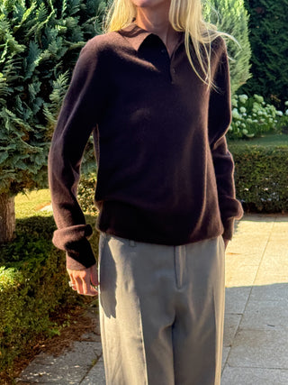 Unisex Dark Brown cashmere polo with a relaxed, boxy silhouette, crafted from 100% Grade A Inner Mongolian cashmere