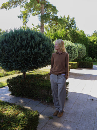 Unisex Caramel cashmere polo with a relaxed, boxy silhouette, crafted from 100% Grade A Inner Mongolian cashmere