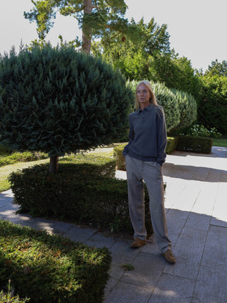 Unisex Solid Grey cashmere polo with a relaxed, boxy silhouette, crafted from 100% Grade A Inner Mongolian cashmere