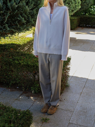 Off-White ribbed zip turtleneck jumper with a relaxed, slightly oversized fit, crafted from 100% Grade A Inner Mongolian cashmere
