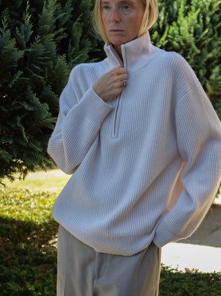 Off-White ribbed zip turtleneck jumper with a relaxed, slightly oversized fit, crafted from 100% Grade A Inner Mongolian cashmere