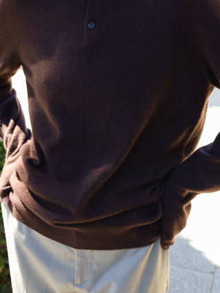 Unisex Dark Brown cashmere polo with a relaxed, boxy silhouette, crafted from 100% Grade A Inner Mongolian cashmere