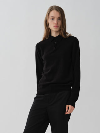 Black unisex polo sweater knitted in 10-gauge 100% Grade A Inner Mongolian cashmere with a relaxed boxy fit, designed for softness and durability