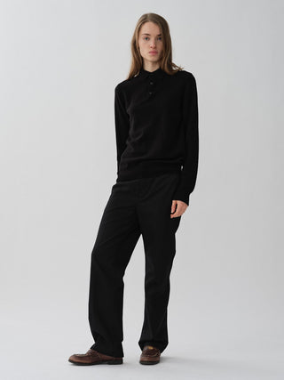 Black unisex polo sweater knitted in 10-gauge 100% Grade A Inner Mongolian cashmere with a relaxed boxy fit, designed for softness and durability