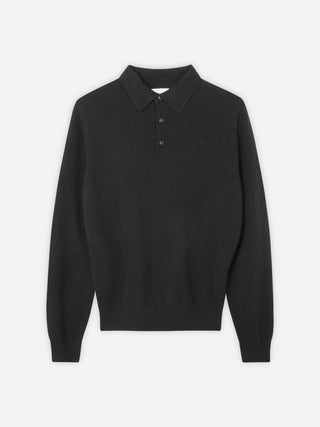 Black unisex polo sweater knitted in 10-gauge 100% Grade A Inner Mongolian cashmere with a relaxed boxy fit, designed for softness and durability