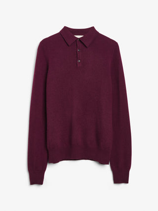 Unisex Bordeaux cashmere polo with a relaxed, boxy silhouette, crafted from 100% Grade A Inner Mongolian cashmere