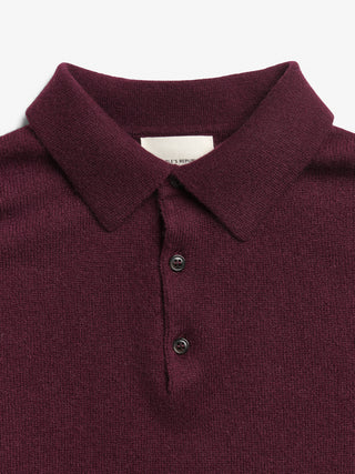 Unisex Bordeaux cashmere polo with a relaxed, boxy silhouette, crafted from 100% Grade A Inner Mongolian cashmere