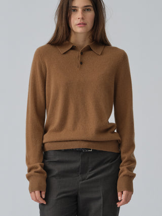Unisex Caramel cashmere polo with a relaxed, boxy silhouette, crafted from 100% Grade A Inner Mongolian cashmere