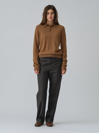 Unisex Caramel cashmere polo with a relaxed, boxy silhouette, crafted from 100% Grade A Inner Mongolian cashmere