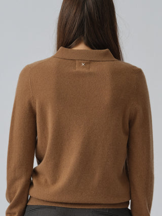 Unisex Caramel cashmere polo with a relaxed, boxy silhouette, crafted from 100% Grade A Inner Mongolian cashmere