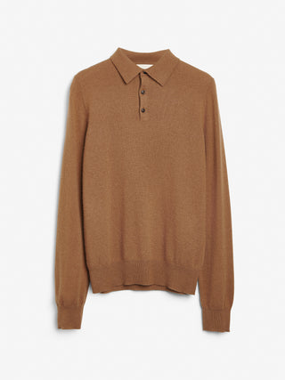 Unisex Caramel cashmere polo with a relaxed, boxy silhouette, crafted from 100% Grade A Inner Mongolian cashmere