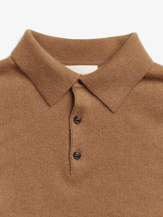 Unisex Caramel cashmere polo with a relaxed, boxy silhouette, crafted from 100% Grade A Inner Mongolian cashmere