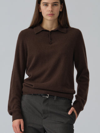 Unisex Dark Brown cashmere polo with a relaxed, boxy silhouette, crafted from 100% Grade A Inner Mongolian cashmere
