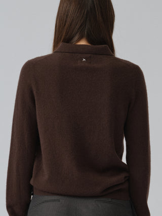 Unisex Dark Brown cashmere polo with a relaxed, boxy silhouette, crafted from 100% Grade A Inner Mongolian cashmere