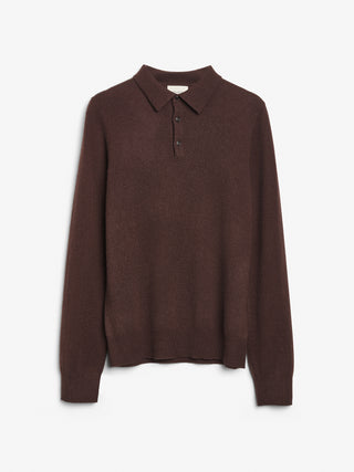 Unisex Dark Brown cashmere polo with a relaxed, boxy silhouette, crafted from 100% Grade A Inner Mongolian cashmere