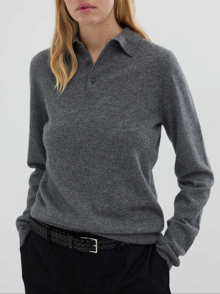 Heather grey unisex polo sweater knitted in 10-gauge 100% Grade A Inner Mongolian cashmere with a relaxed boxy fit, designed for softness and durability