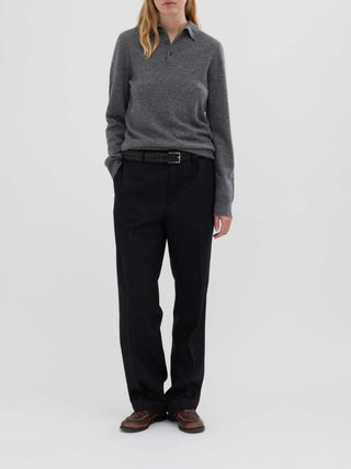 Heather grey unisex polo sweater knitted in 10-gauge 100% Grade A Inner Mongolian cashmere with a relaxed boxy fit, designed for softness and durability