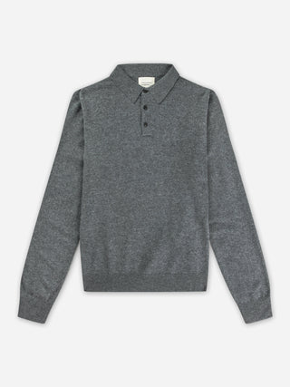 Heather grey unisex polo sweater knitted in 10-gauge 100% Grade A Inner Mongolian cashmere with a relaxed boxy fit, designed for softness and durability
