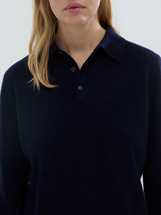 Navy blue unisex polo sweater knitted in 10-gauge 100% Grade A Inner Mongolian cashmere with a relaxed boxy fit, designed for softness and durability