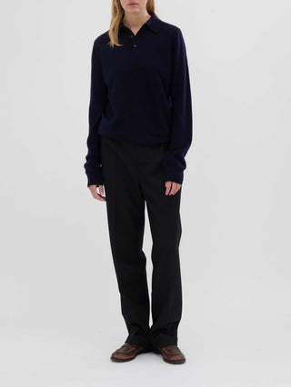 Navy blue unisex polo sweater knitted in 10-gauge 100% Grade A Inner Mongolian cashmere with a relaxed boxy fit, designed for softness and durability