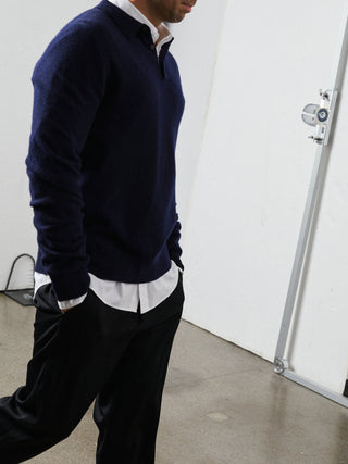 Navy blue unisex polo sweater knitted in 10-gauge 100% Grade A Inner Mongolian cashmere with a relaxed boxy fit, designed for softness and durability