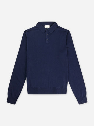 Navy blue unisex polo sweater knitted in 10-gauge 100% Grade A Inner Mongolian cashmere with a relaxed boxy fit, designed for softness and durability
