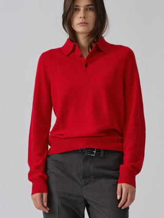 Red unisex polo sweater knitted in 10-gauge 100% Grade A Inner Mongolian cashmere with a relaxed boxy fit, designed for softness and durability