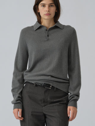Unisex Solid Grey cashmere polo with a relaxed, boxy silhouette, crafted from 100% Grade A Inner Mongolian cashmere