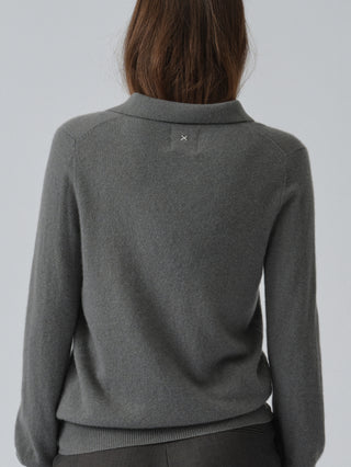 Unisex Solid Grey cashmere polo with a relaxed, boxy silhouette, crafted from 100% Grade A Inner Mongolian cashmere