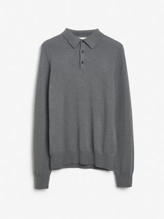 Unisex Solid Grey cashmere polo with a relaxed, boxy silhouette, crafted from 100% Grade A Inner Mongolian cashmere