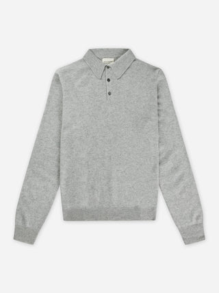 Ash grey unisex polo sweater knitted in 10-gauge 100% Grade A Inner Mongolian cashmere with a relaxed boxy fit, designed for softness and durability