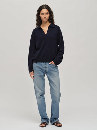 Women's Oversized Collar V-Neck - Navy Blue