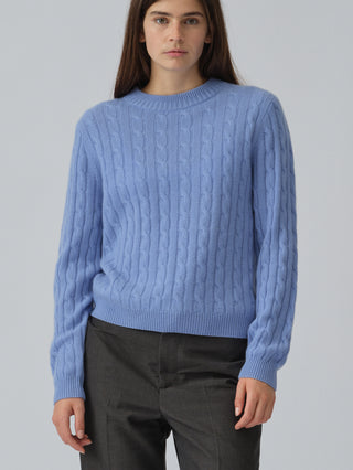 Premium Classic Cableknit Sweater in Soft Blue, knitted in 7-gauge cashmere with a timeless cable pattern and regular fit