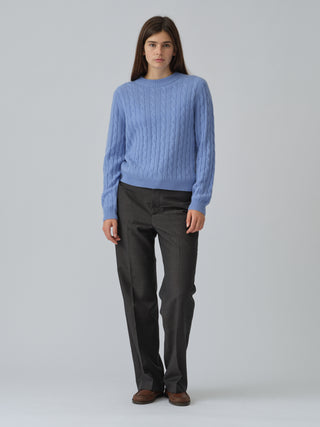 Premium Classic Cableknit Sweater in Soft Blue, knitted in 7-gauge cashmere with a timeless cable pattern and regular fit