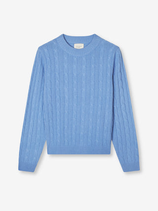 Premium Classic Cableknit Sweater in Soft Blue, knitted in 7-gauge cashmere with a timeless cable pattern and regular fit