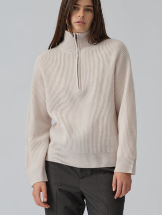 Off-White ribbed zip turtleneck jumper with a relaxed, slightly oversized fit, crafted from 100% Grade A Inner Mongolian cashmere